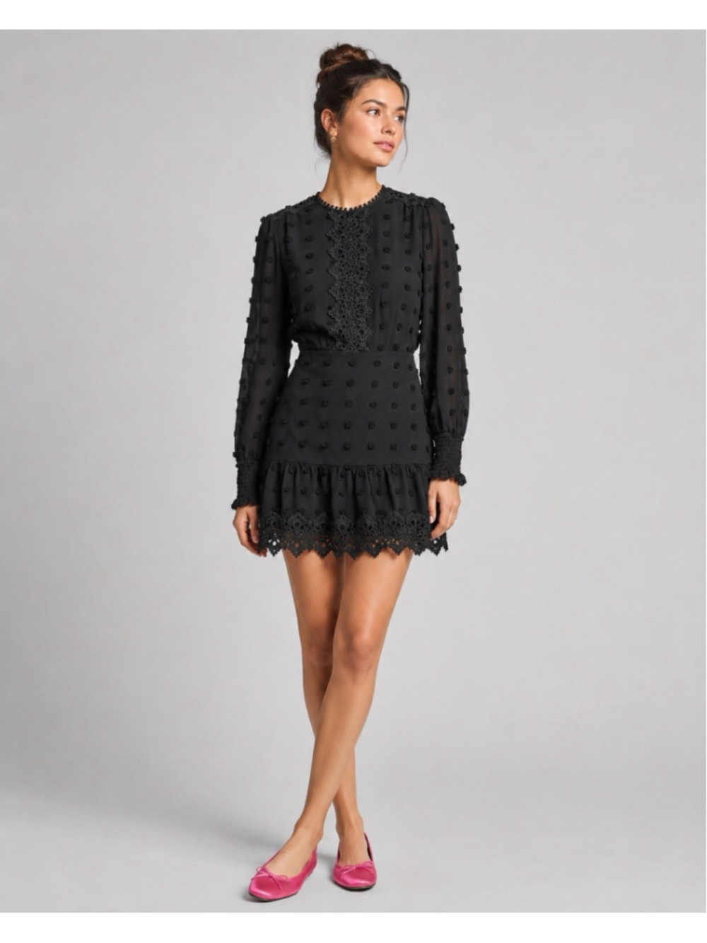 LULUS Black Lust Love Black Embroidered Dot Lace Long Sleeve Mini Dress S = 2/4